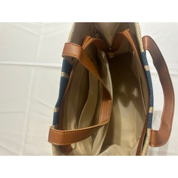 Neutral Woven Tote with Navy Stripe & Faux Leather Handles - Picture 6 of 7